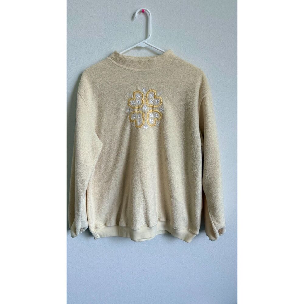 Jaclyn Smith Sport Womens M Yellow Floral Embroidered Fleece Pullover Sweatshirt